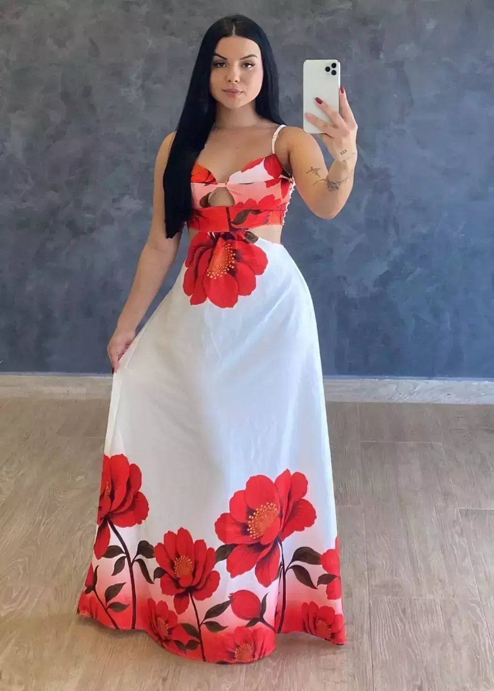 Vestido Longo Crepe De Seda Mari Branco/Vermelho