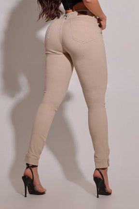 Calça Jeans Feminina Modeladora Nude Detalhe Barra - CH94