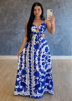 Vestido Longo Crepe De Seda Mari Estampado