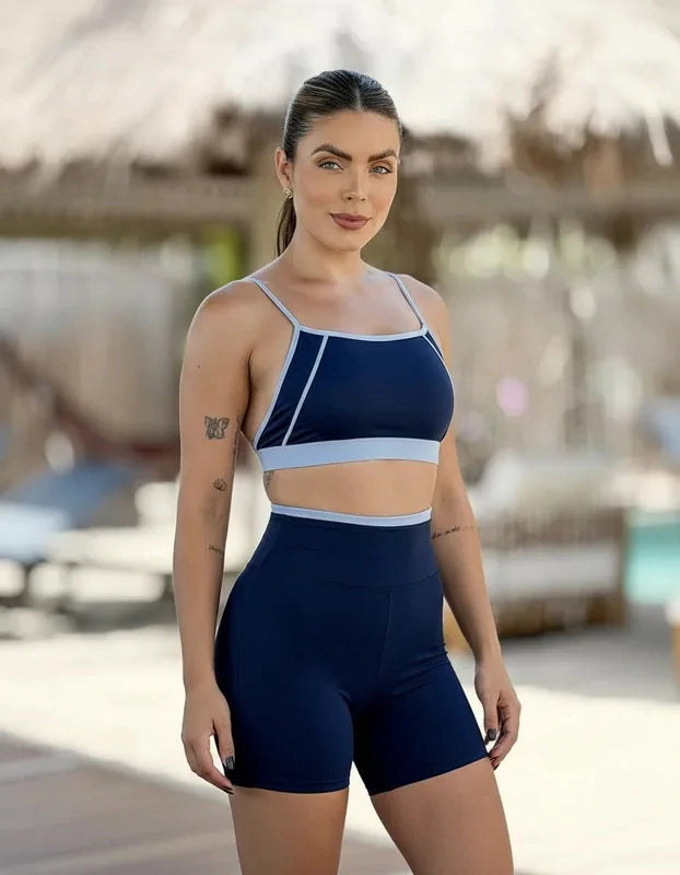 Conjunto Top + Shorts Fitness Feminino com Zero Transparência – Poliamida, Proteção UV50+