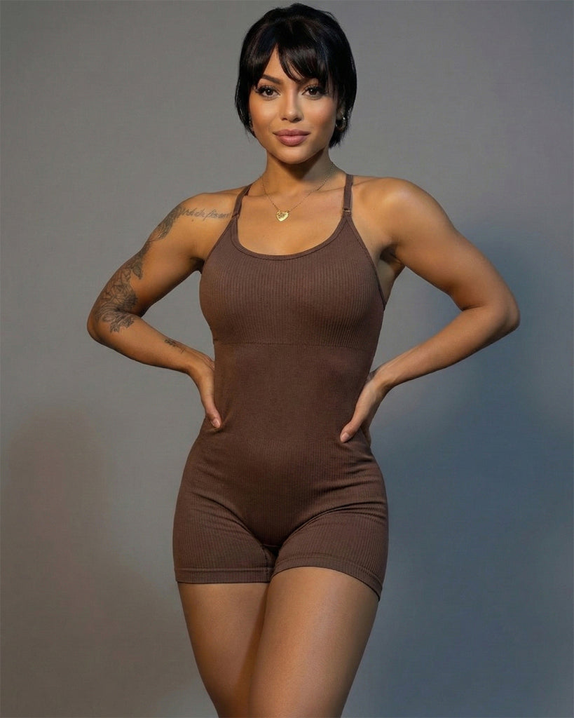 Macaquinho Fitness Feminino Efeito Lipo Canelado com Alças Trançadas nas Costas