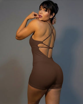 Macaquinho Fitness Feminino Efeito Lipo Canelado com Alças Trançadas nas Costas