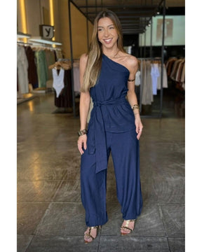 Conjunto Calça Jogger e Blusa Manga Única Com Cinto