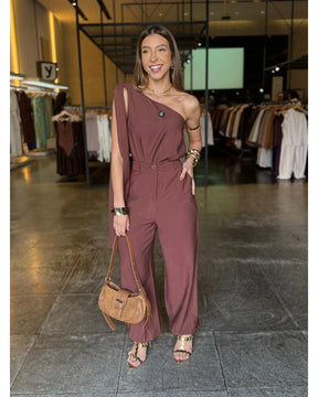 Conjunto Calça Jogger e Blusa Manga Única Com Cinto